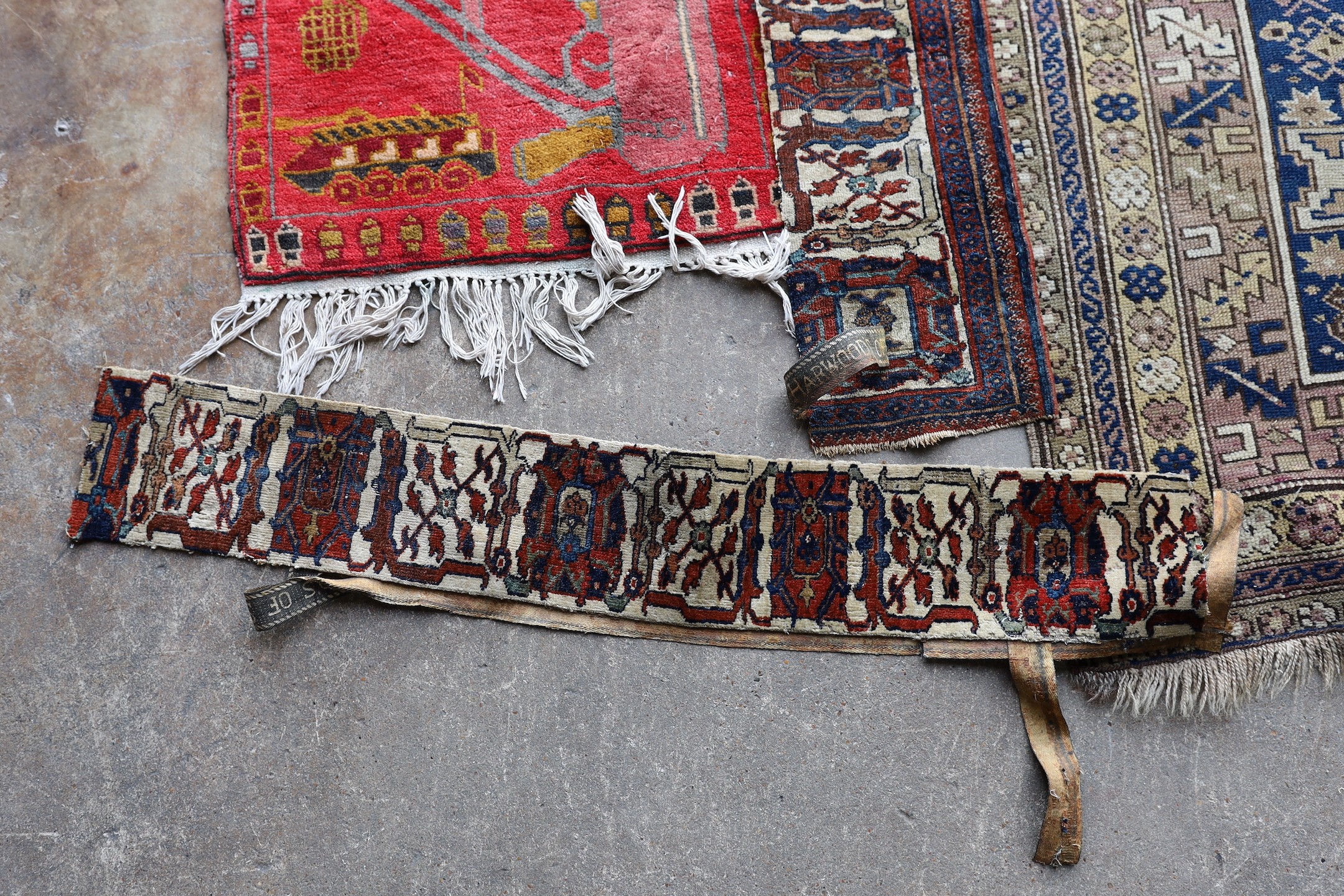 An antique Caucasian Derbend rug, 160 x 108cm, a smaller red ground rug and rug fragments